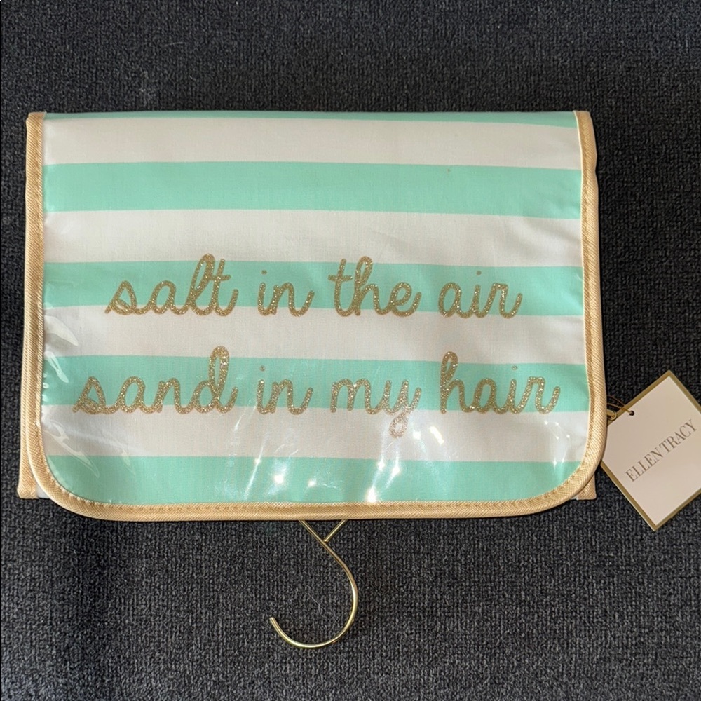 Ellen Tracy Mint and White Striped Hanging Travel Pouch